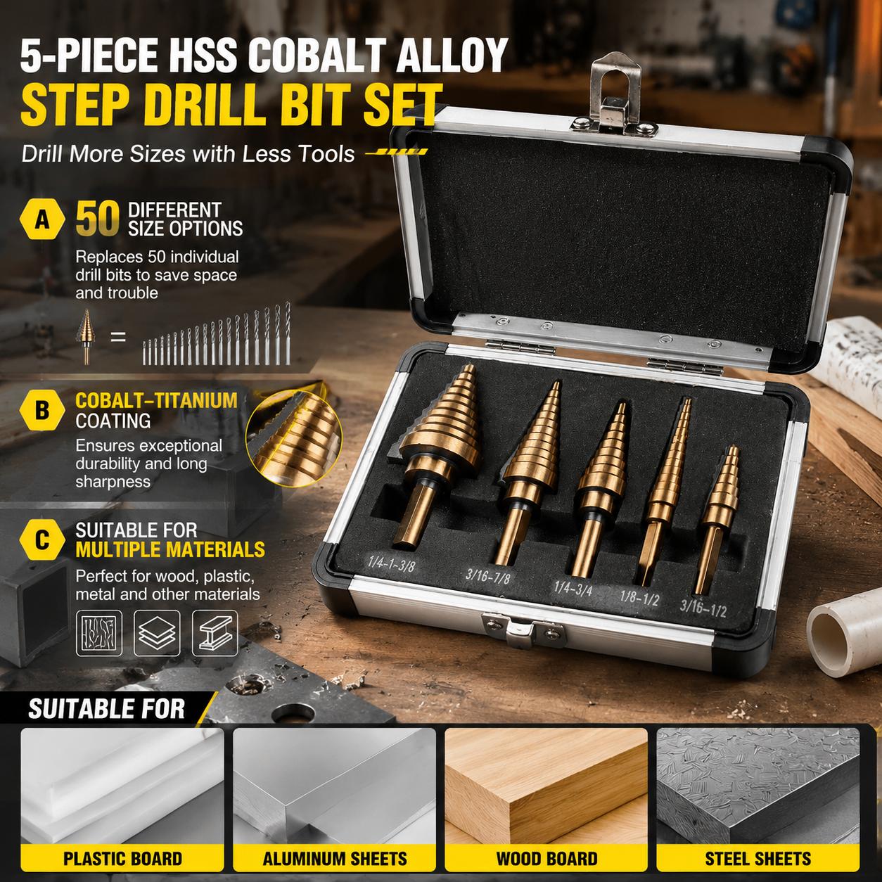 5Pcs Step Drill Bit Set HSS Co - đánh giá và giá Step Drill Bit Set Titanium Hss Cobalt