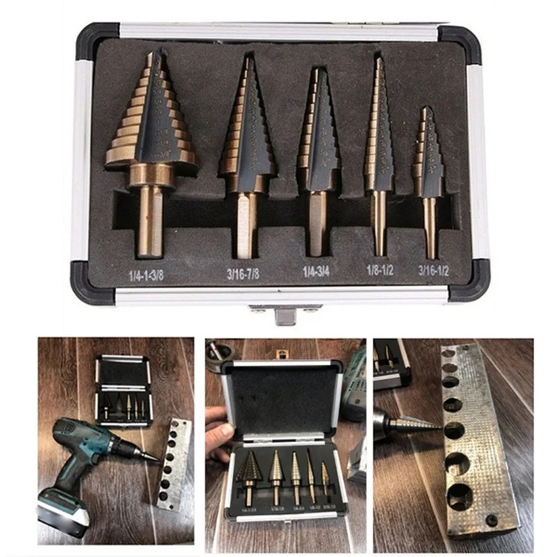 5pcs Step Drill Bit Set Hss Co - đánh giá và giá Step Drill Bit Set Titanium Hss Cobalt